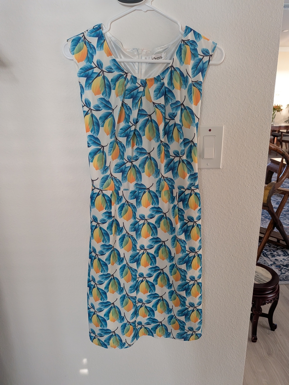 L.A. Soul Lemon Print Sleeveless Fit & Flare Dress Blue Yellow Size L - Picture 2 of 8